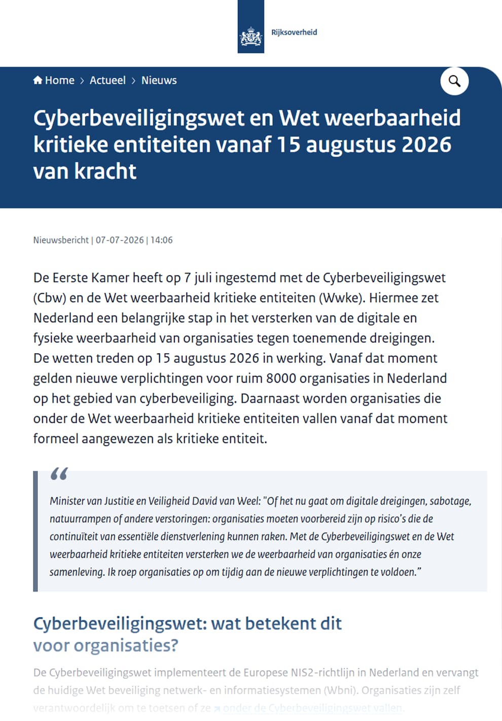 Continuïteitsmaatregelen aantoonbaar maken Screenshot van het Rijksoverheid-bericht over de inwerkingtreding van de Cyberbeveiligingswet op 15 augustus 2026