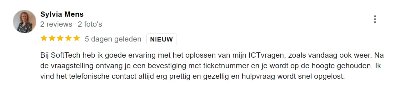 Bij SoftTech heb ik goede ervaring met het oplossen van mijn ICTvragen, zoals vandaag ook weer. Na de vraagstelling ontvang je een bevestiging met ticketnummer en je wordt op de hoogte gehouden.