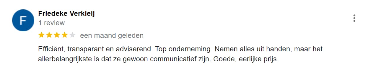 Efficiënt, transparant en adviserend. Top onderneming. Nemen alles uit handen, maar het allerbelangrijkste is dat ze gewoon communicatief zijn. Goede, eerlijke prijs.