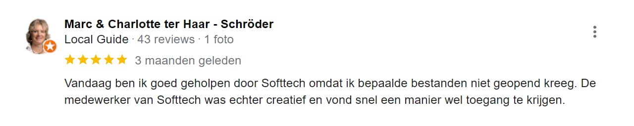 Vandaag ben ik goed geholpen door Softtech omdat ik bepaalde bestanden niet geopend kreeg. De medewerker van Softtech was echter creatief en vond snel een manier wel toegang te krijgen.