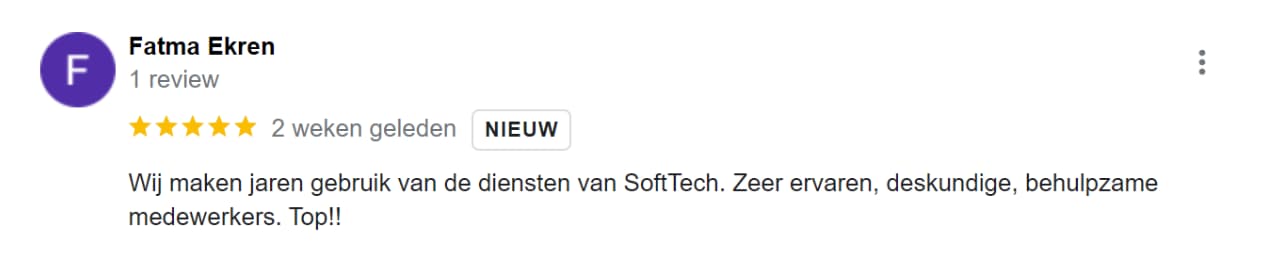 Wij maken jaren gebruik van de diensten van SoftTech. Zeer ervaren, deskundige, behulpzame medewerkers. Top!!